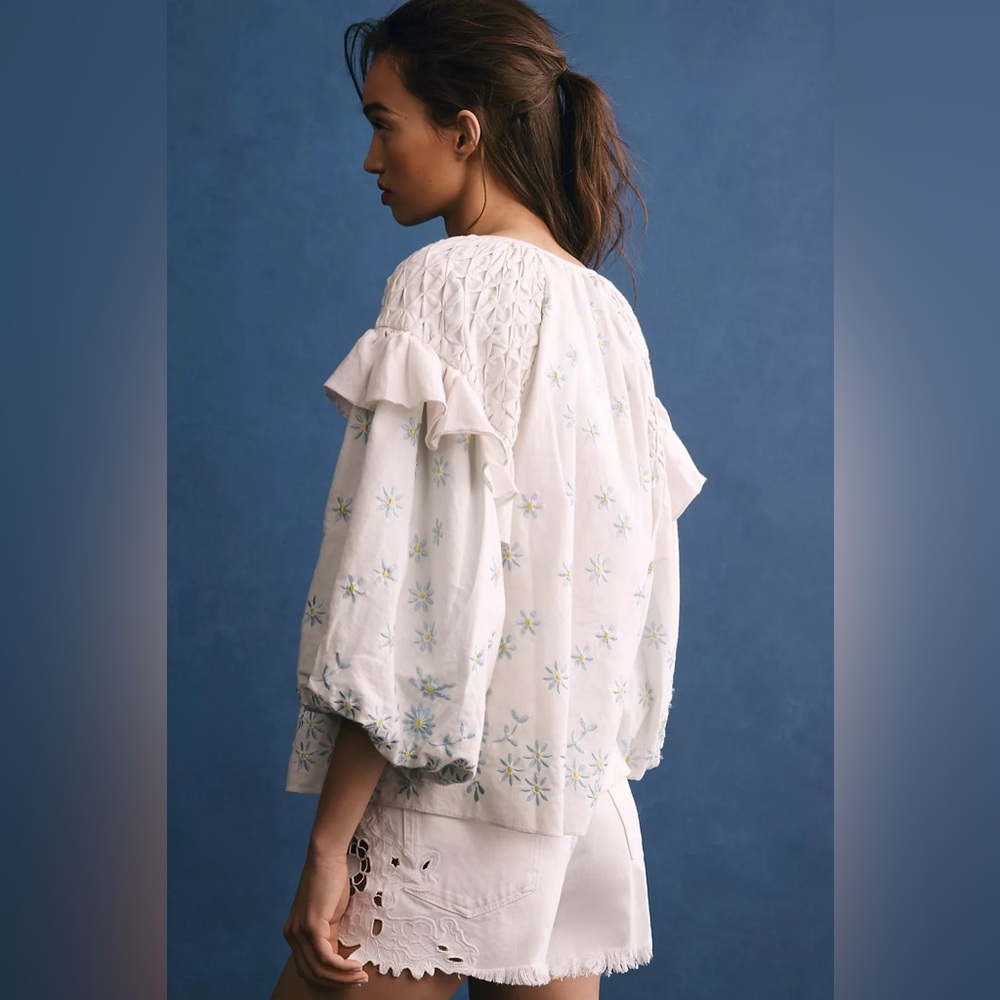 NWT Forever That Girl Ruffle-Sleeve Smocked Linen Blouse - Picture 2 of 10